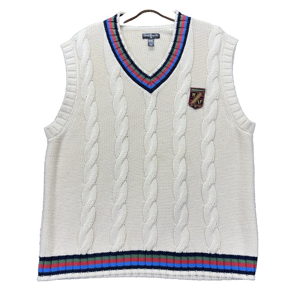 Houston white cable knit sweater vest Mens XXL V-neck Tennis academia Preppy